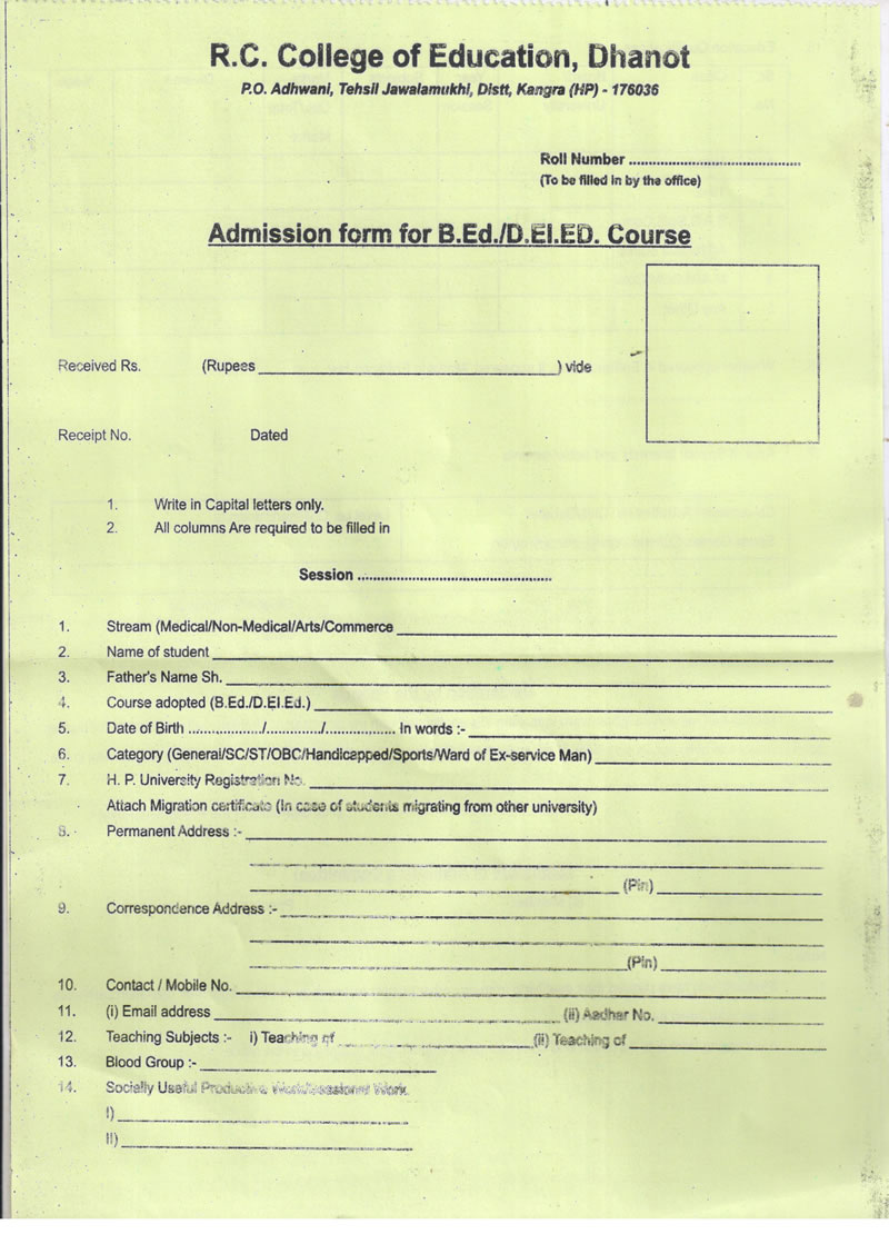 Application form front